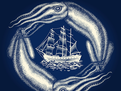 Calamar Ship Illustration engraving illustrator inkart scratchboard steven noble woodcut