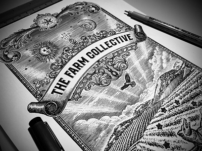 The Farm Collective artwork branding design engraving etching pen and ink scratchboard steven noble vector woodcut