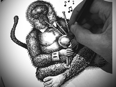 The Piper Monkey artwork branding design engraving etching illustrator line art scratchboard steven noble woodcuts