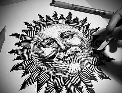 Sun Icon Illustration artwork branding design engraving etching linocut scratchboard steven noble woodcut woodcuts