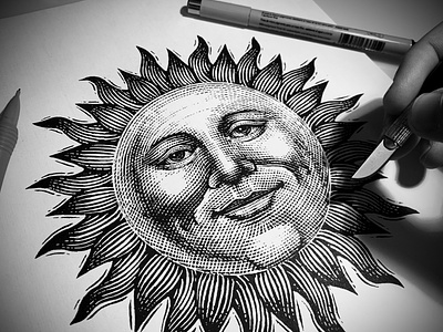 Sun Icon Illustration artwork branding design engraving etching linocut scratchboard steven noble woodcut woodcuts