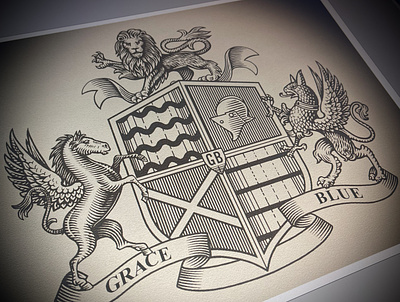 Grace & Blue Crest artwork coat of arms crest engraving etching illustration line art logo scratchboard steven noble
