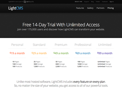 LightCMS Pricing Table pricing website