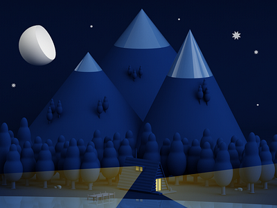 At night in the forest 3d 4d cinema forest light moon mountain night snow star tree water