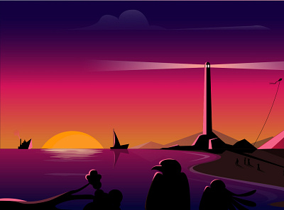 Light House adobe illustrator boat evening illustration lighthouse scenary scenery sun vector