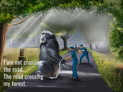 Chimpanzee arrested by cops arrested art cops digital forest graphic design green nature photoshop police road sad scenery