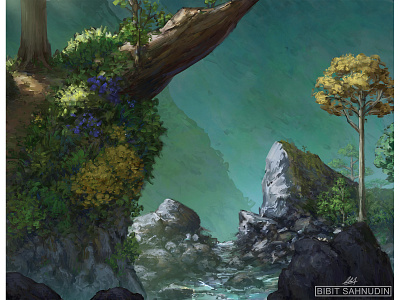 water springs anime artwork background digitalpainting environment fantasy forest mountains river