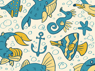 Pattern Design - Ode a la Mer anchor bubbles digital drawing fish gull illustration ocean sea