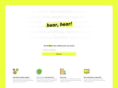 Splash page for Hear, hear! beta branding illustrations launching soon page sign up splash splash page visual website work in progress