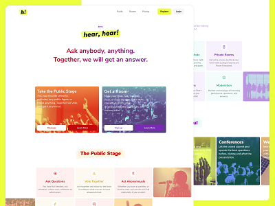 About page for Hear, hear! about bright colors colorful duotone gradients iconography imagery landing page visual design website