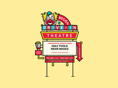 Bozos Drive-In branding clown covid-19 custom typography drive-in identity inline logo masks movies neon packaging popcorn print retro sign signage stars theater
