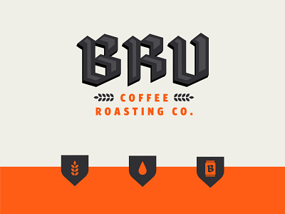 BRU Coffee blackletter can coffee geometric icon orange packaging roasting shield