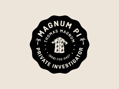 Magnum PI aloha shirt badge branding custom type hawaii icon identity illustration jay master design logo magnum pi packaging palm tree print tv show typography