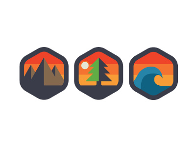 Badges x 3 badge jay master design live design mountains nature outdoors sun surf surfing trees tshirts