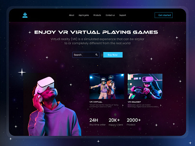 VR Virtual Playing Games Landing Page ar artificial intelligence augmented reality future futuristic home page landing page web modern services tech technology ui ux virtual reality vr web design website design