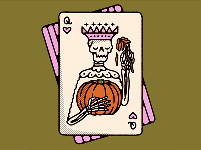 inktober 08 ✿ crown card halloween icon illustration inktober playing cards pumpkin queen queen of hearts retro skeleton skull spooky vintage