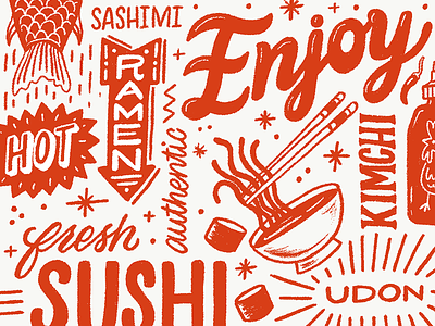 Enjoy Some Sushi collage fish fresh japan korea lettering noodles ramen sushi