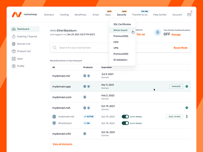 Namecheap.com User Dashboard redesign concept dashboard redesign ui web website