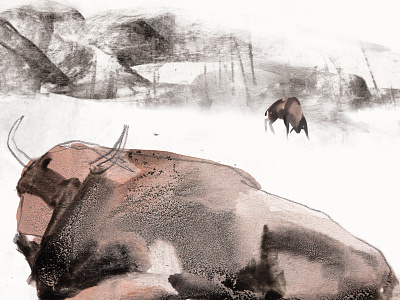 Buffalo and Fog book illustration brush pencil scanned scanner scissors water color water colors