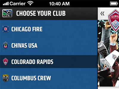 Choose Your Club app iphone menu mobile selection soccer