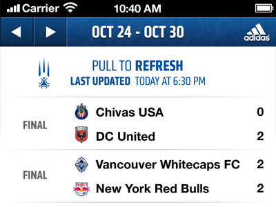MLS MatchDay iPhone Pull Refresh Scores app iphone mls mobile pull refresh