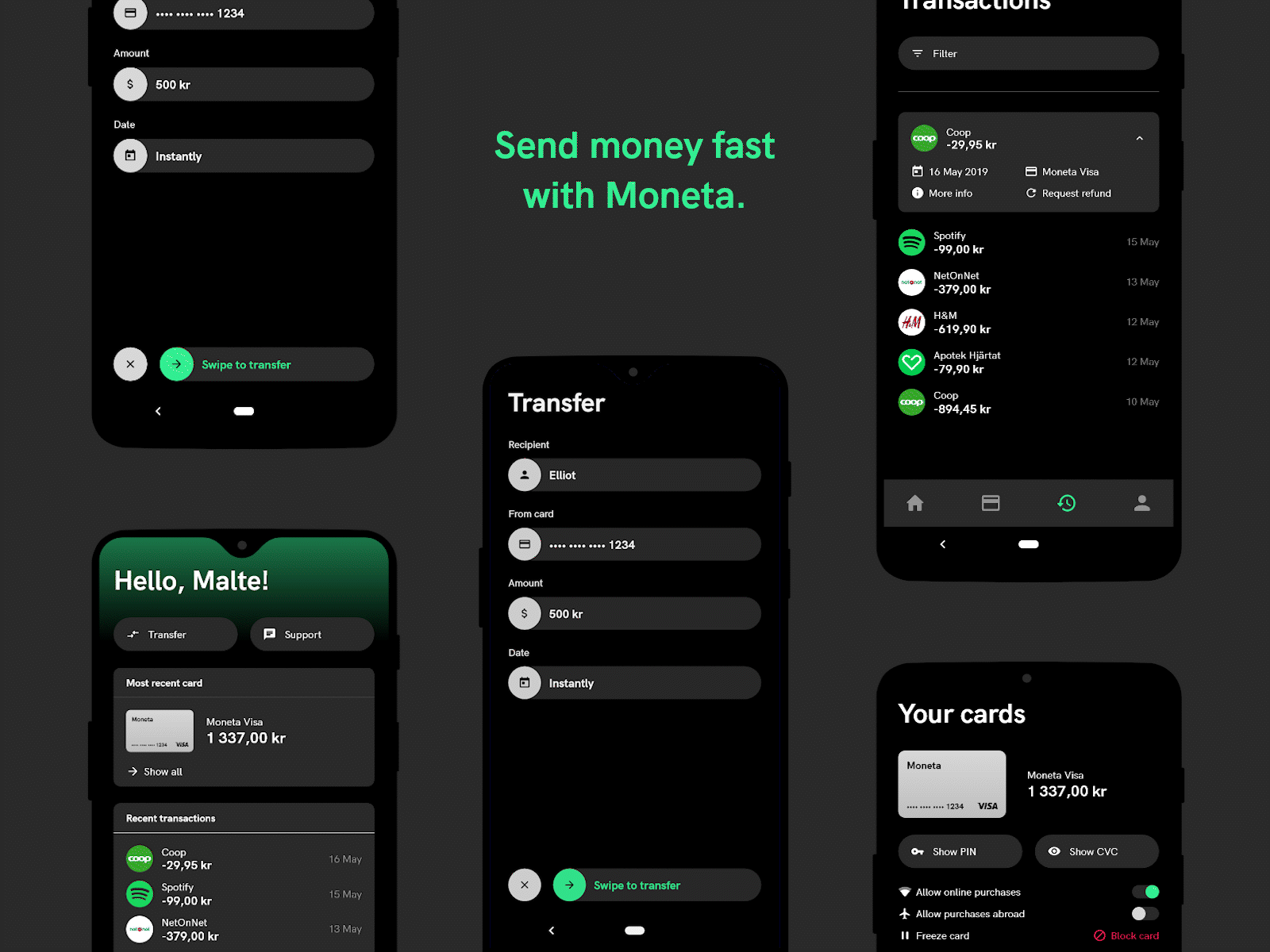 Moneta — Mobile Banking App app bank banking dark finance money ui