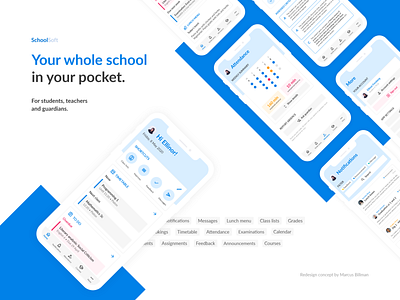 SchoolSoft redesign concept app blue branding calendar concept course dashboard design education mobile notifications redesign schedule school student teacher todo ui