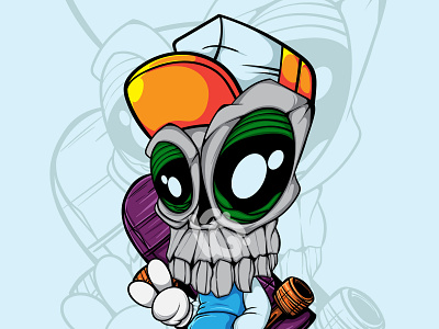 BIG HEAD SKULL DOODLE CHARACTER WITH SKATEBOARD apparel art character design doodle graffiti graphic design illustration skull spray paint vector