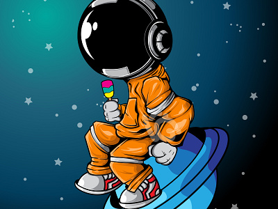 THE ASTRONAUT RELAX WITH ICE CREAM IN THE UNIVERSE apparel art astronaut character design doodle graphic design illustration logo merchandise vector