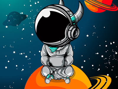 Relax on the planet art astronaut character design doodle illustration logo mascot planet space vector