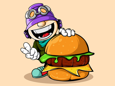 HAPPY CHARACTER WITH BIG BURGER art burger character design doodle food icon illustration logo mascot menu restaurant symbol vector