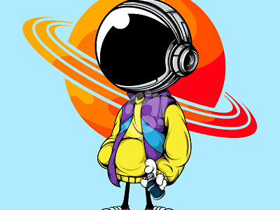 THE CUTE ASTRONAUT WITH SPRAY CAN AND THE BIG PLANET IN THE BACK art astronaut character design doodle graffiti illustration logo vector