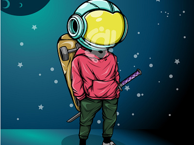 COOL POSE ASTRONAUT WITH SKATEBOARD AND SWORD ILLUSTRATION art astronaut character design doodle illustration style vector