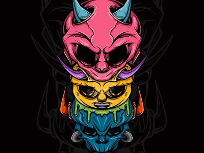 THREE DEVIL HEAD art cartoon character design doodle graffiti illustration logo vector