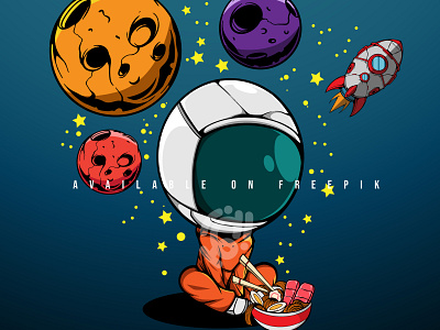 CUTE ASTRONAUT EATING RAMEN IN THE SPACE art astronaut character design doodle galaxy icon illustration japanese logo mascot planet ramen vector