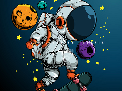 SKATEBOARD IN THE GALAXY art astronaut character design doodle galaxy illustration planet vector