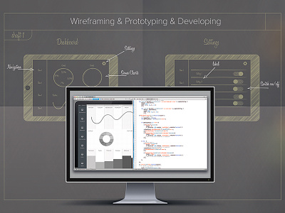 Wireframing - Prototyping - Developing app coding display hatching ide portfolio screen sketch tablet