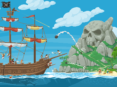 Pixel Pirates game art illustration island pirate ship pirates pixel art pixels retro skull island treasure island