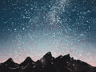 Mountains and Stars galaxy illustration mountains night printmaking sky stars sunset texture