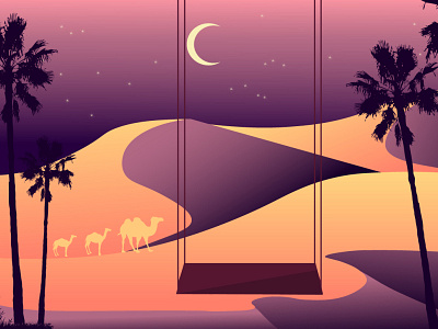 Sahara calming camels desert illustration night peace starry night swing vector