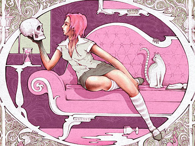 Gmmeave Inmiquiliztli cat death furniture girl illustration pink rococo sofa