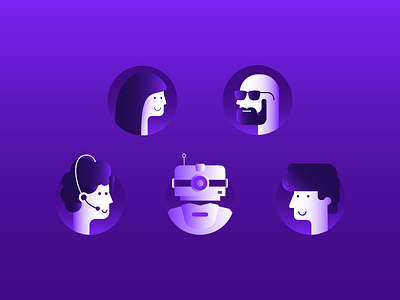 Band characters robot android face flat gradient icons purple