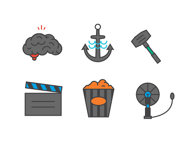 Icon Style for Agency Site Re-Brand anchor brain clapper flash icons popcorn sledgehammer