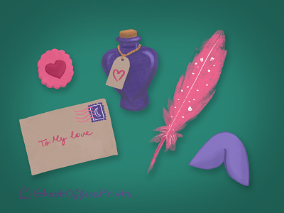 Witch's valentine's day II fortune cookie illustration love letter love potion love spell magic magical painting pink cookie purple cookie quill raster valentines day vintage letter vintage stamp whimsical witch witchcraft