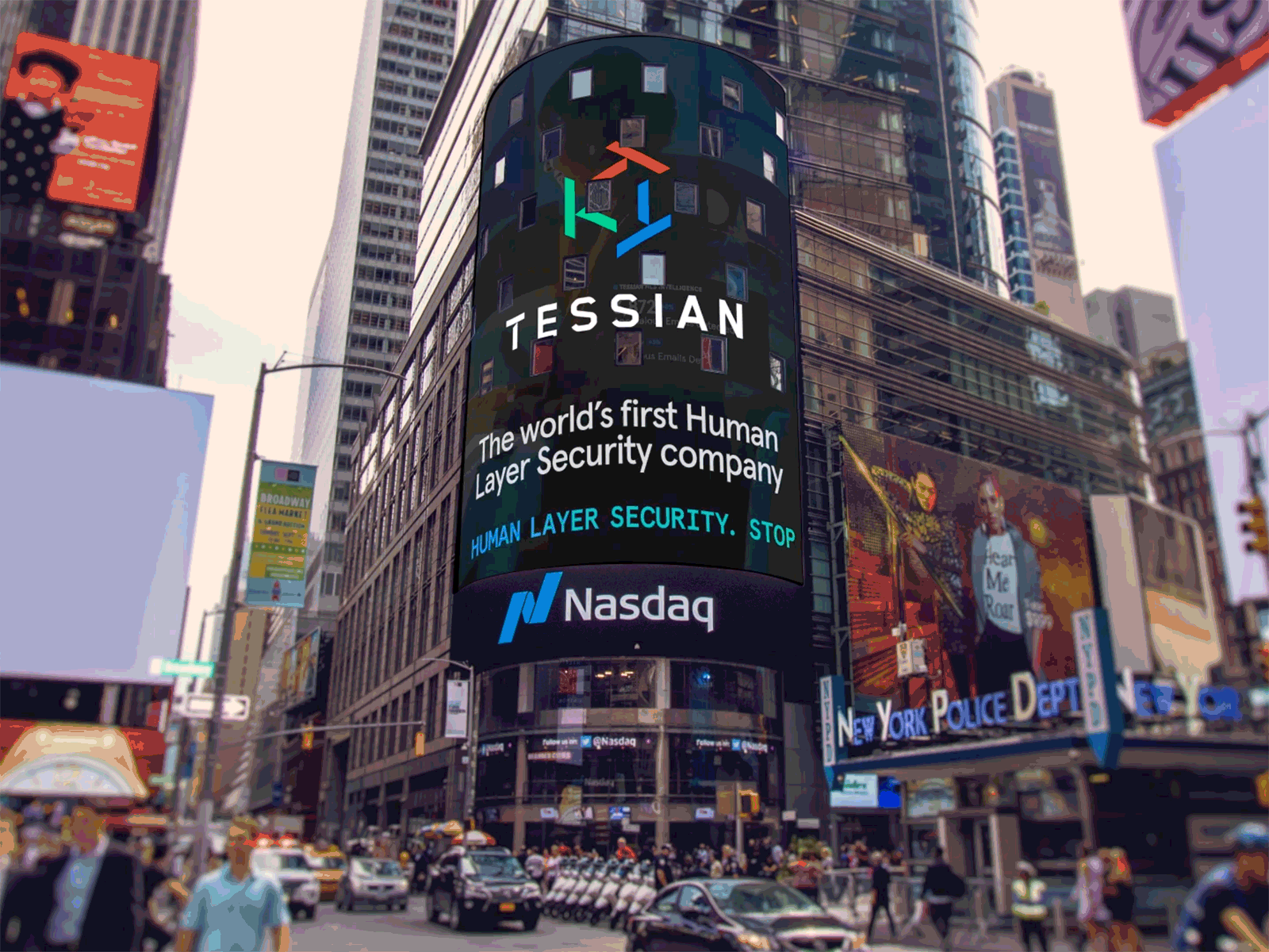 Tessian NASDAQ Takeover, 2021 ad billboard nasdaq new york ooh takeover