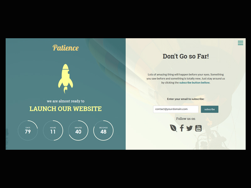 Freebie: Patience Responsive Coming Soon Page landing page html5 under construction maintenance coming soon