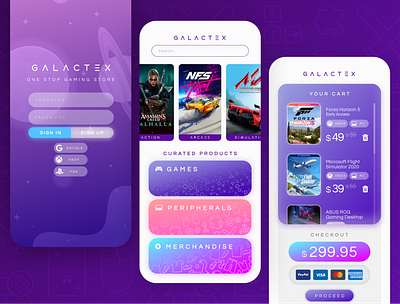 Galactex - Gaming Store App app ui branding colorful design gaming gaming app illustration logo purple shopping shopping app shopping app ui ui ui ux ui ux design ui design ui ux uidesign uiux wallet