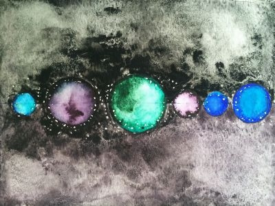 Space circles galaxy planets space stars watercolor wet on wet