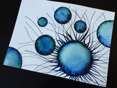 Particles blue circles navy organic paint space water watercolor wet on wet