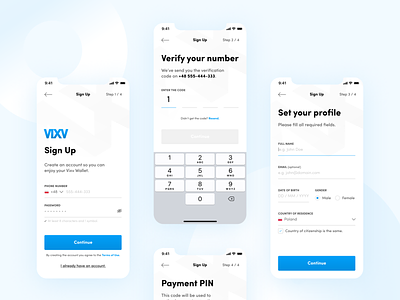 Blockchain Mobile Wallet - Sign-Up flow app bank blue clean figma flat minimal money payment pin signup ui ux verification white